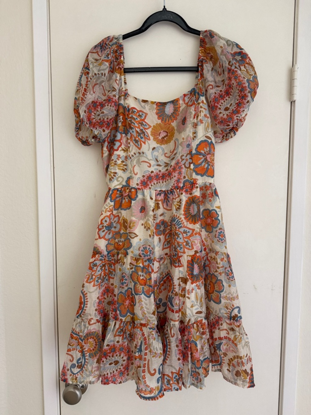 1.State Floral Puff Sleeve Tiered Midi Dress - Cream & Orange size S